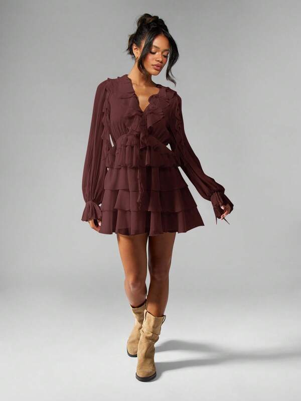 MISSGUIDED Tiered Ruffle Mini Dress With Balloon Sleeves