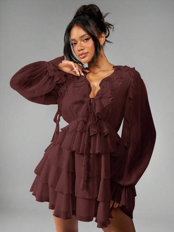 MISSGUIDED Tiered Ruffle Mini Dress With Balloon Sleeves