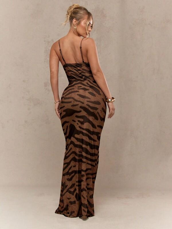 MISSGUIDED Tiger Print Mesh Maxi Dress With Cowl Neck