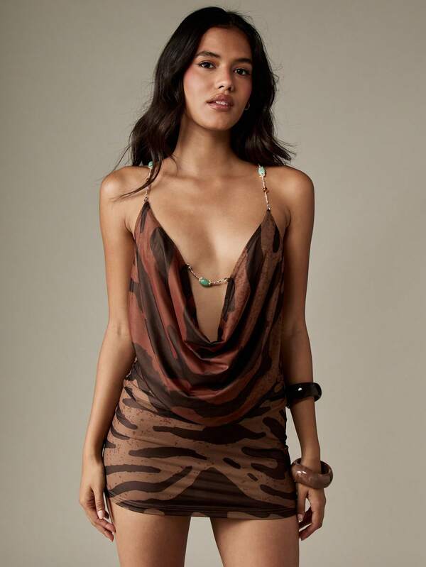 MISSGUIDED Tiger Print Mini Dress With Chain Straps And Cowl Neck