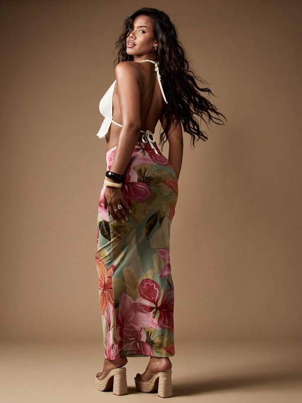 MISSGUIDED Tropical Paradise Floral High Waisted Maxi Length Skirt Cover Up
