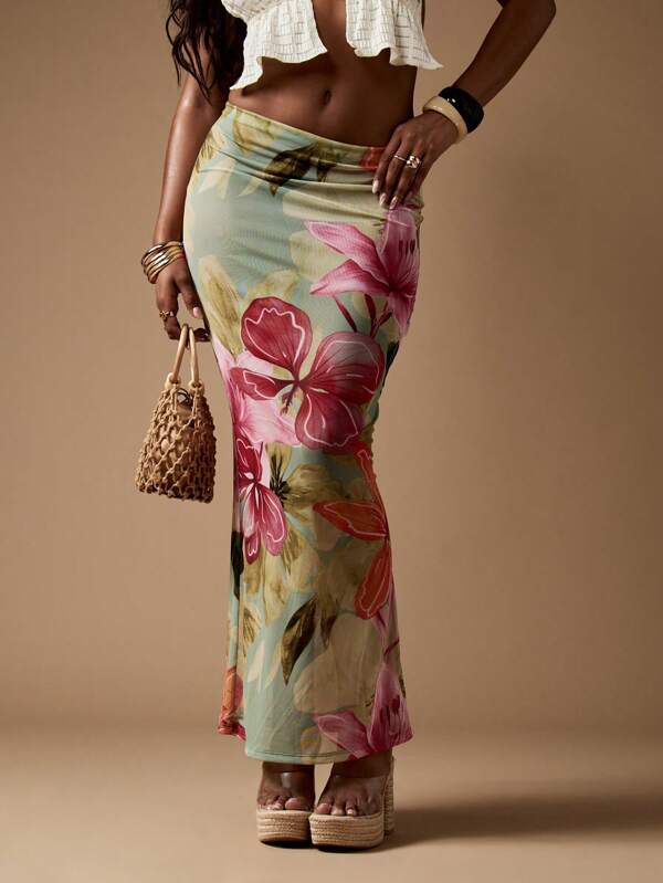 MISSGUIDED Tropical Paradise Floral High Waisted Maxi Length Skirt Cover Up