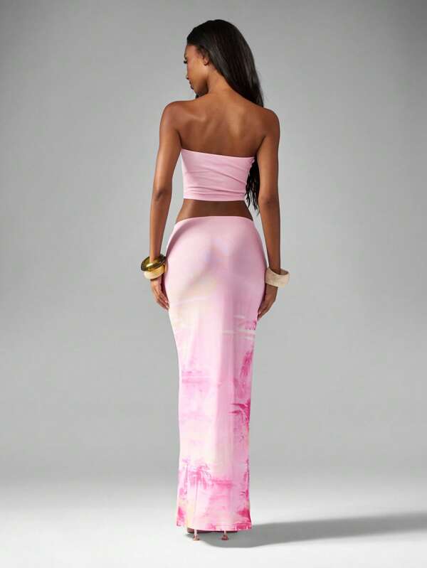 MISSGUIDED Tropical Print Bandeau Top With Matching Maxi Skirt