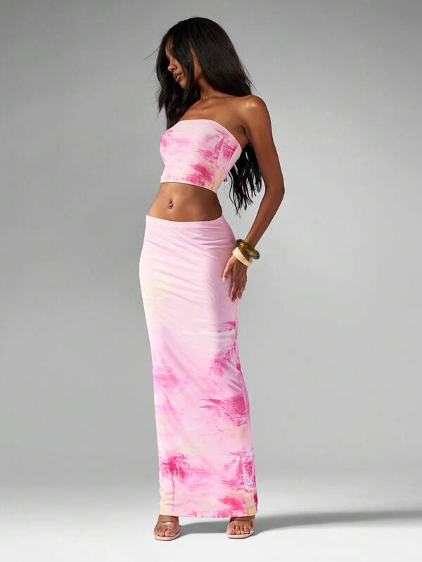 MISSGUIDED Tropical Print Bandeau Top With Matching Maxi Skirt