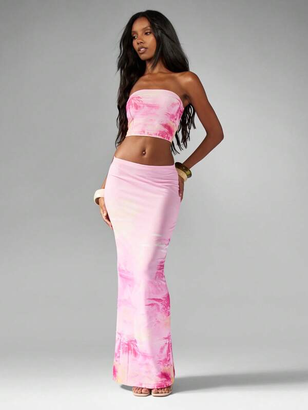 MISSGUIDED Tropical Print Bandeau Top With Matching Maxi Skirt