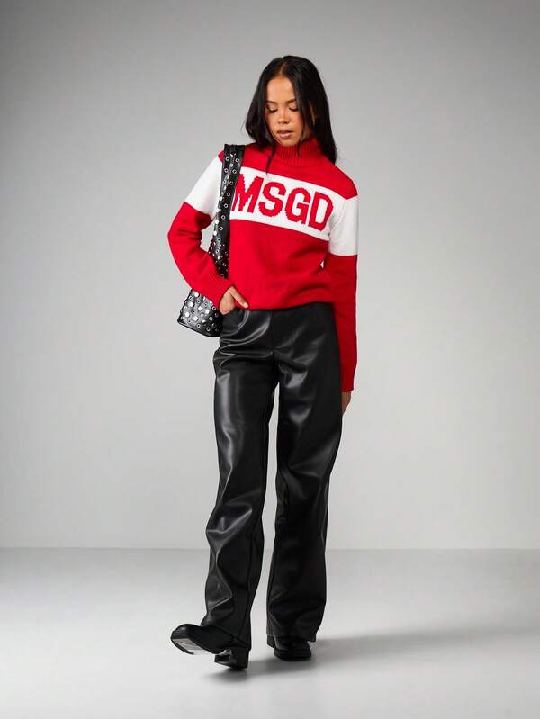 MISSGUIDED Turtleneck Color Block Knit Sweater With Logo
