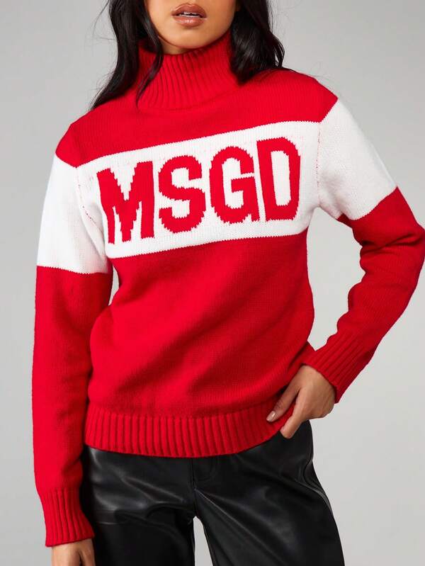 MISSGUIDED Turtleneck Color Block Knit Sweater With Logo