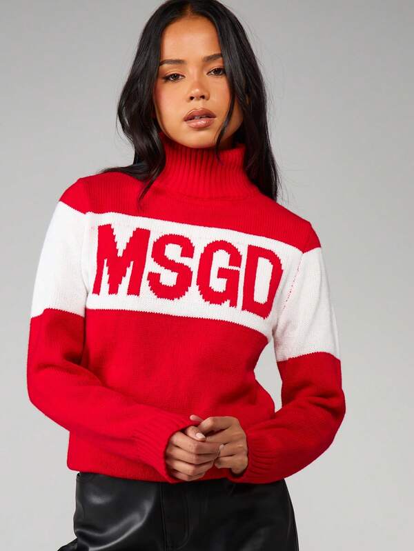 MISSGUIDED Turtleneck Color Block Knit Sweater With Logo