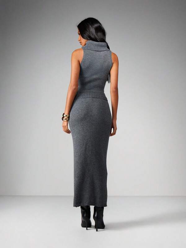 MISSGUIDED Turtleneck Knit Vest And Bodycon Skirt Set