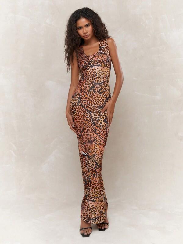 MISSGUIDED Twist Knot Bust Leopard Print Sleeveless Bodycon Maxi Dress