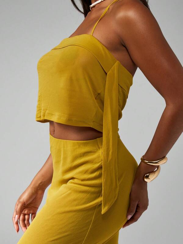 MISSGUIDED Two Piece Bandeau Crop Top Fishtail Maxi Skirt Set