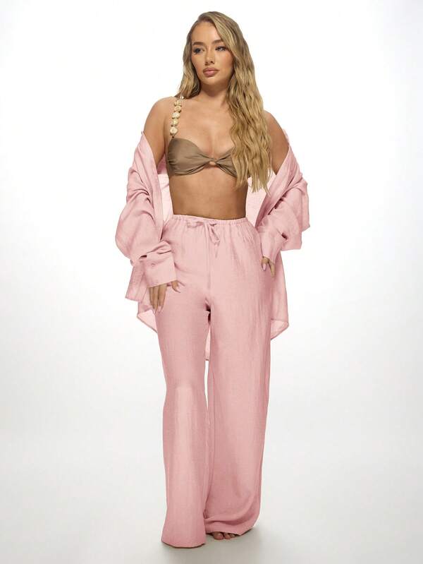 MISSGUIDED Two-Piece Linen Palazzo Trousers Button Down Shirt