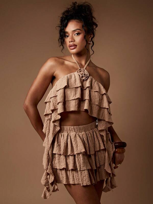 MISSGUIDED Two-Piece Outfit Ruffle Layered Textured Crop Top High Waist Mini Skirt