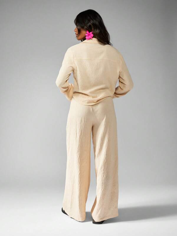 MISSGUIDED Two-Piece Set Tie Front Long Sleeve Shirt Wide Leg Palazzo Pants Lounge