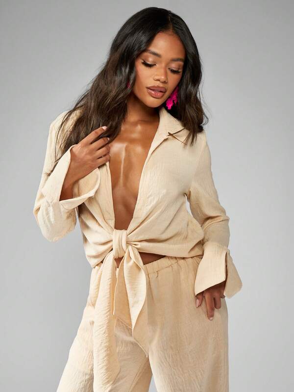 MISSGUIDED Two-Piece Set Tie Front Long Sleeve Shirt Wide Leg Palazzo Pants Lounge