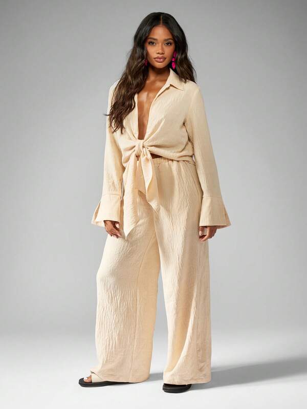 MISSGUIDED Two-Piece Set Tie Front Long Sleeve Shirt Wide Leg Palazzo Pants Lounge