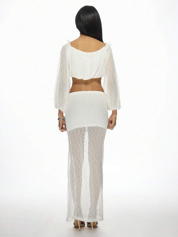 MISSGUIDED Two-Piece Sheer Sequin Bardot Crop Top Maxi Skirt Set