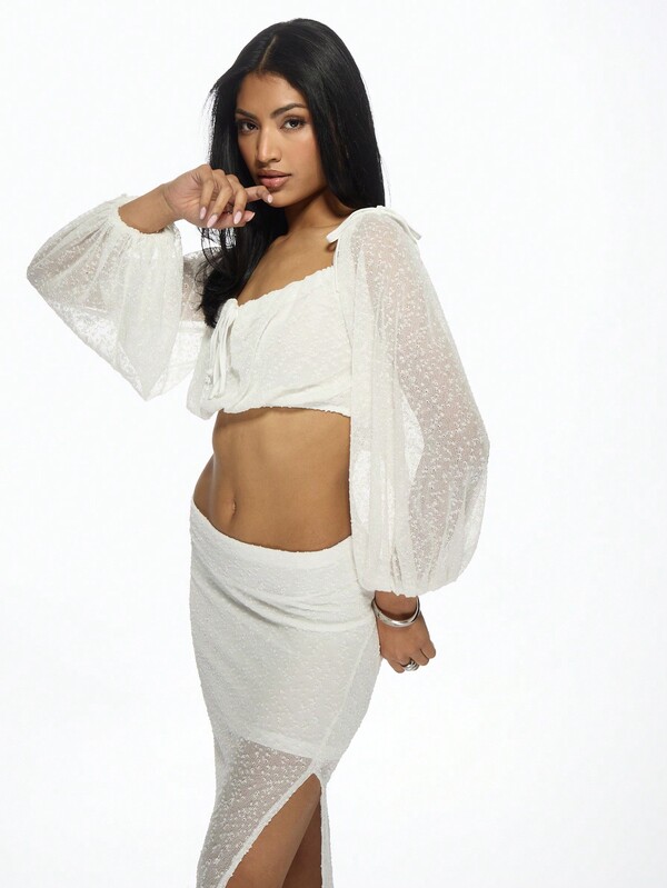 MISSGUIDED Two-Piece Sheer Sequin Bardot Crop Top Maxi Skirt Set