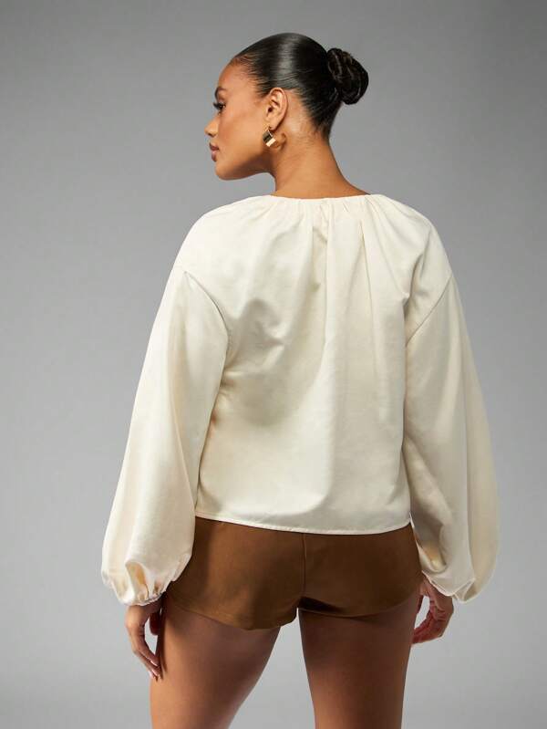 MISSGUIDED V Neck Balloon Sleeve Ruched Front Blouse