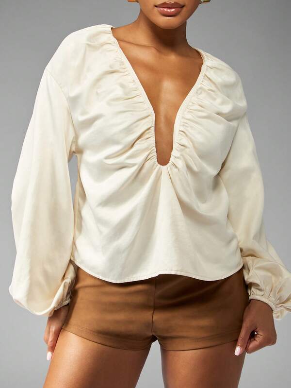 MISSGUIDED V Neck Balloon Sleeve Ruched Front Blouse