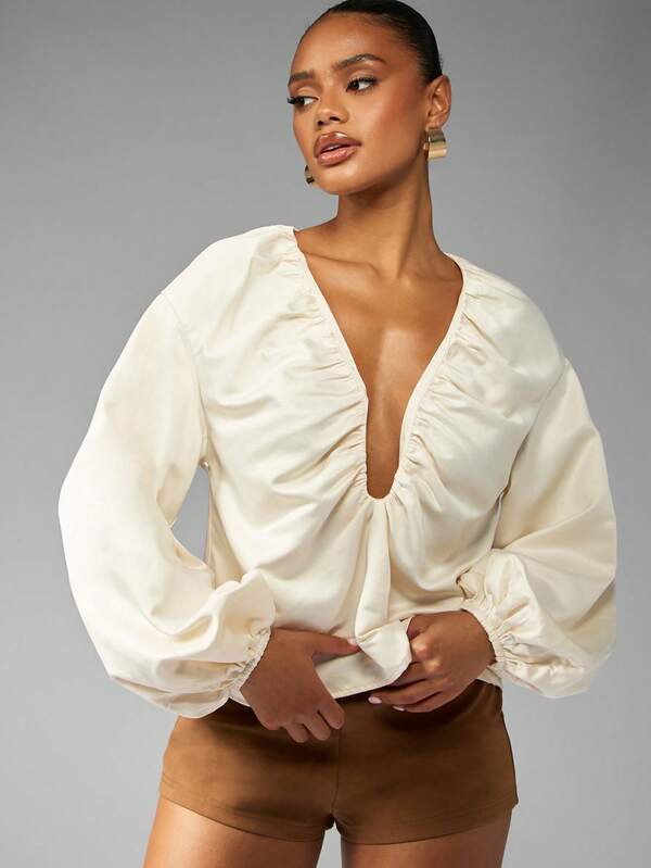 MISSGUIDED V Neck Balloon Sleeve Ruched Front Blouse