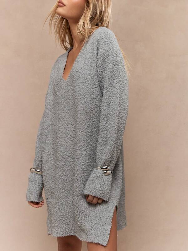 MISSGUIDED V-Neck Drop Shoulder Loose Solid Color Sweater Mini Dress