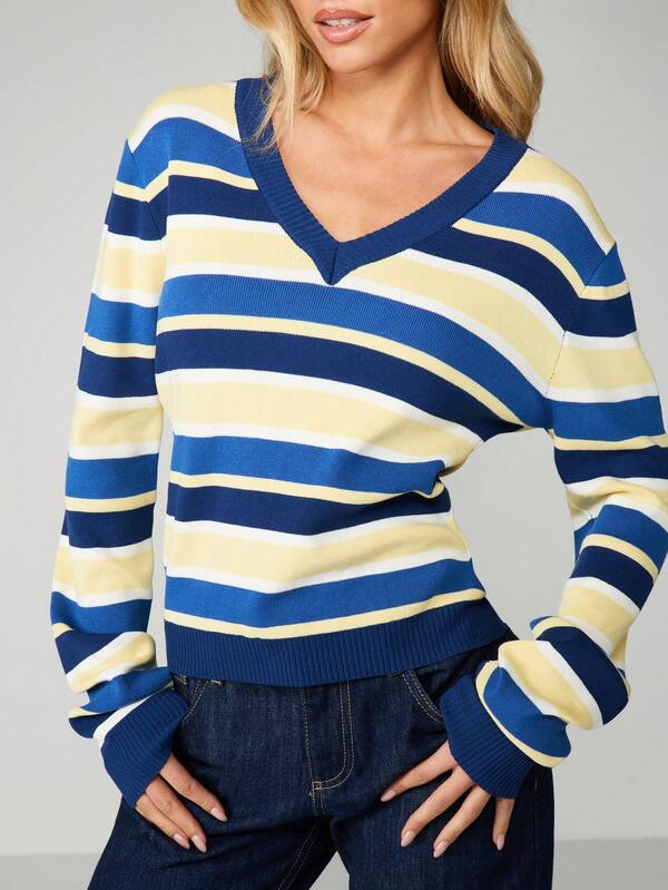 MISSGUIDED V-Neck Striped Knit Pullover Top
