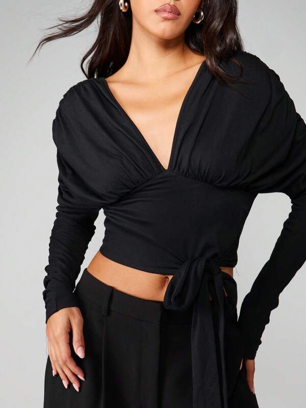 MISSGUIDED V-Neck Wrap Top With Tie Detail