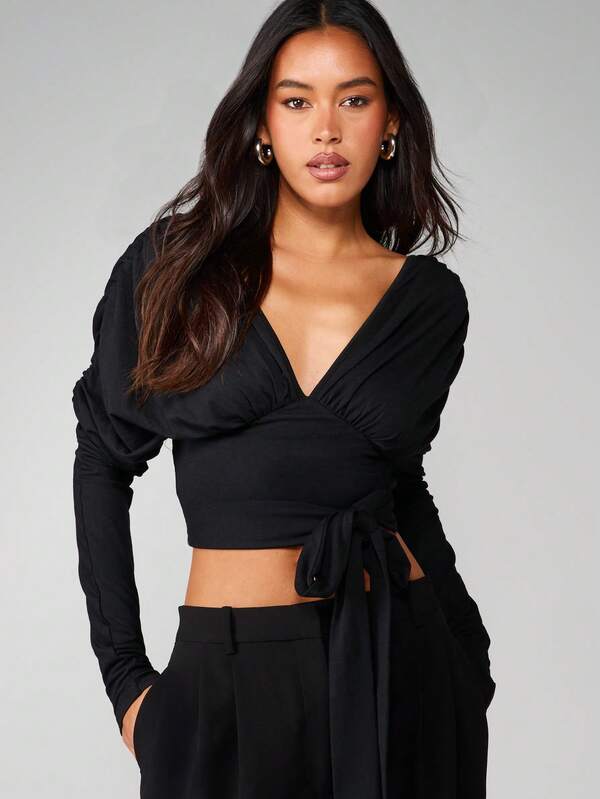 MISSGUIDED V-Neck Wrap Top With Tie Detail