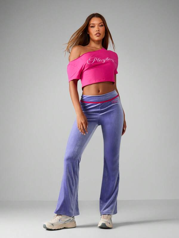 MISSGUIDED Velour Flared Pants With Contrast Piping