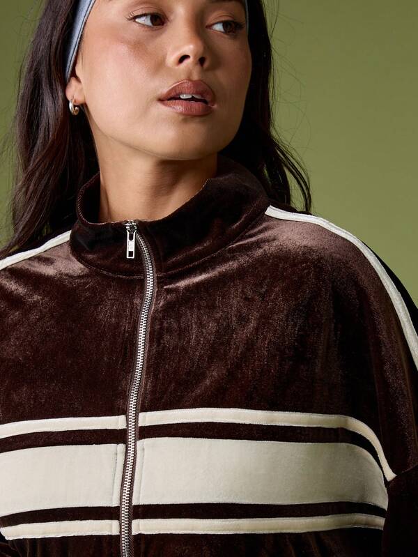 MISSGUIDED Velour Zip-Up Sweatshirt With Contrast Stripes