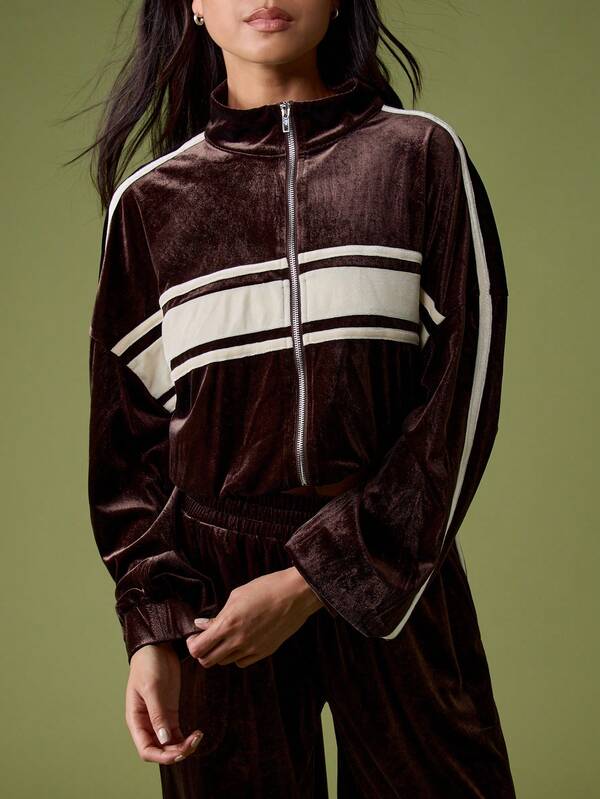 MISSGUIDED Velour Zip-Up Sweatshirt With Contrast Stripes