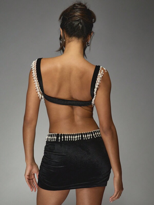 MISSGUIDED Velvet Contrast Pearl Fringe Square Neck Cut Out Side Waist Ruched Bodycon Mini Dress