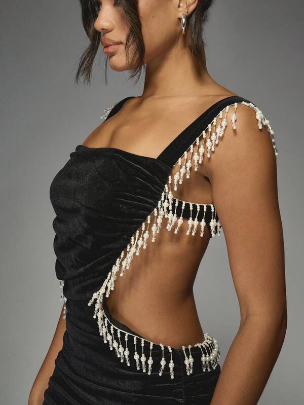 MISSGUIDED Velvet Contrast Pearl Fringe Square Neck Cut Out Side Waist Ruched Bodycon Mini Dress