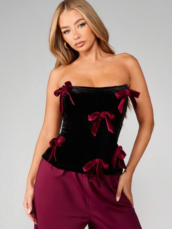 MISSGUIDED Velvet Corset Top With Bow Details