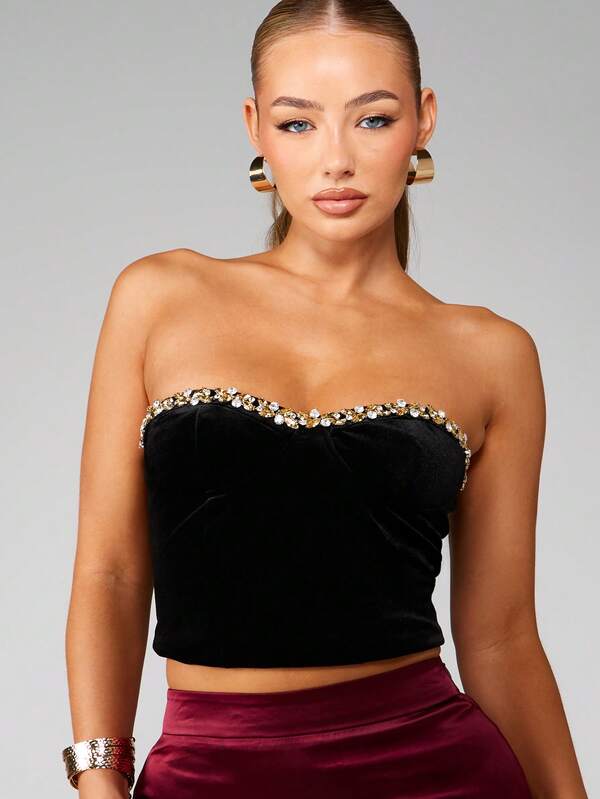 MISSGUIDED Velvet Corset Top With Crystal Trim