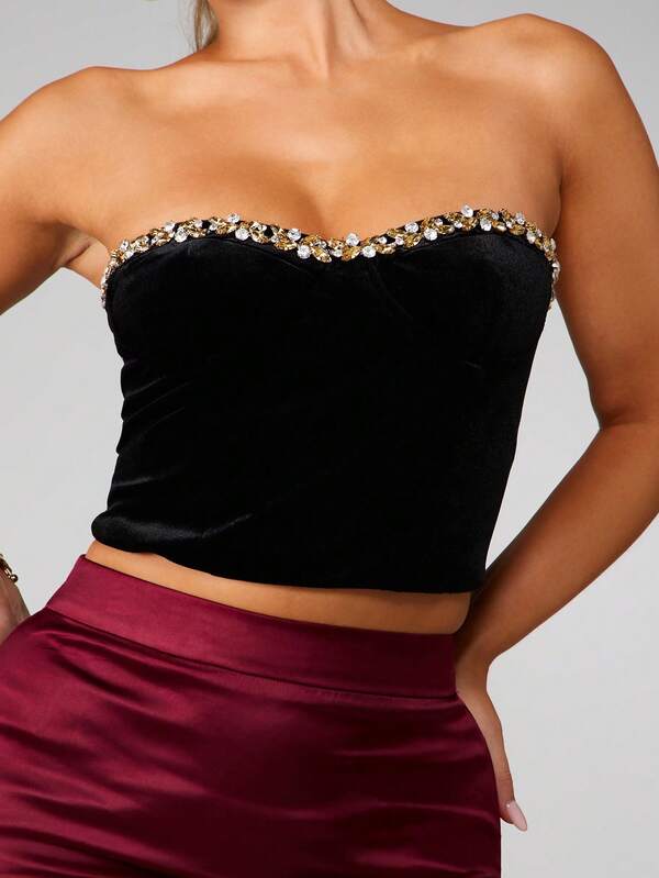 MISSGUIDED Velvet Corset Top With Crystal Trim