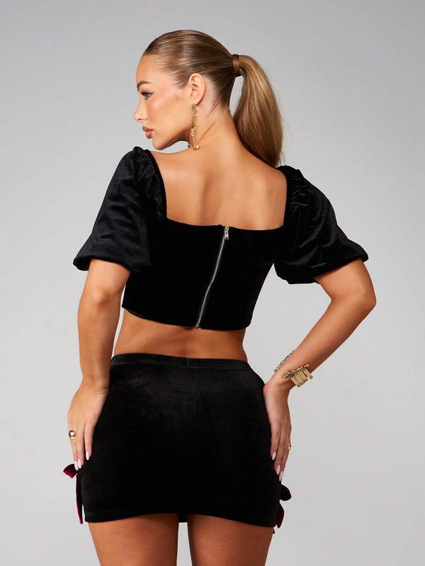 MISSGUIDED Velvet Corset Top With Puff Sleeves