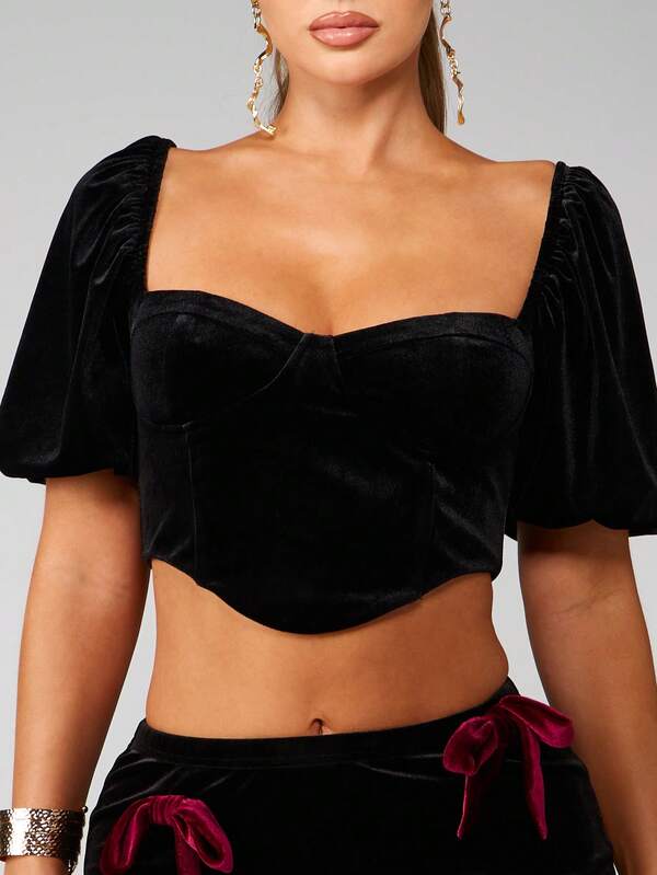 MISSGUIDED Velvet Corset Top With Puff Sleeves