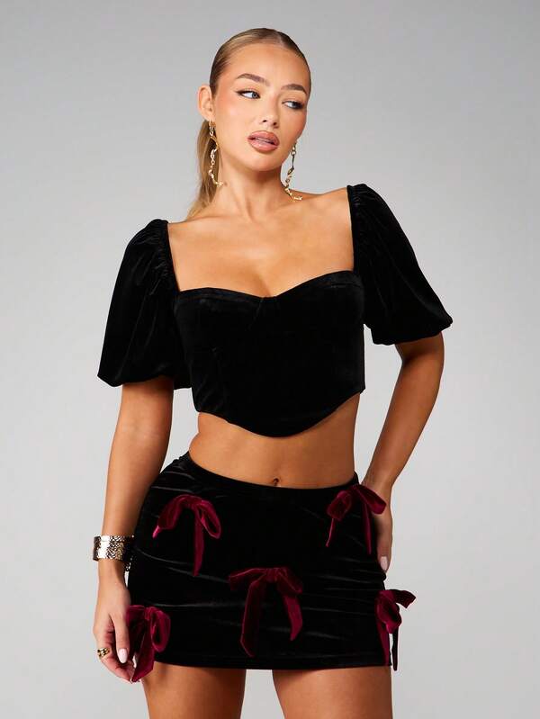 MISSGUIDED Velvet Corset Top With Puff Sleeves