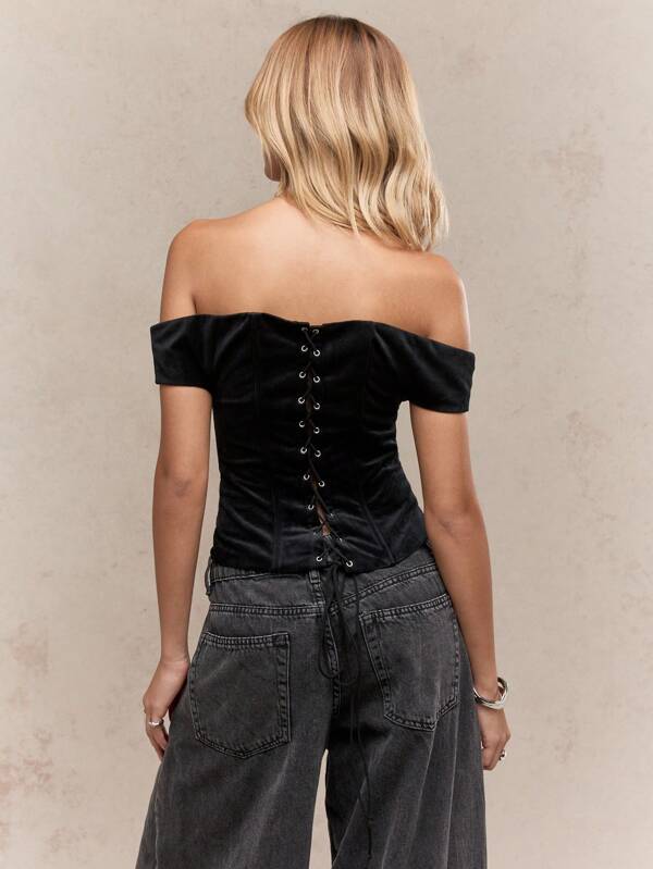 MISSGUIDED Velvet Corset Top With Sweetheart Neckline And Lace Up Back