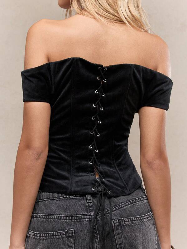 MISSGUIDED Velvet Corset Top With Sweetheart Neckline And Lace Up Back