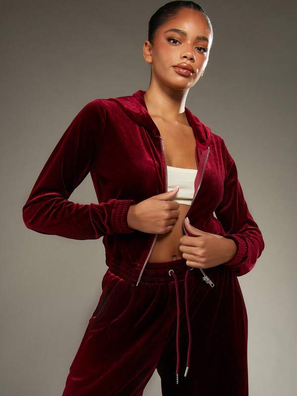 MISSGUIDED Velvet Zip Through Cropped Hoodie With Drawstring
