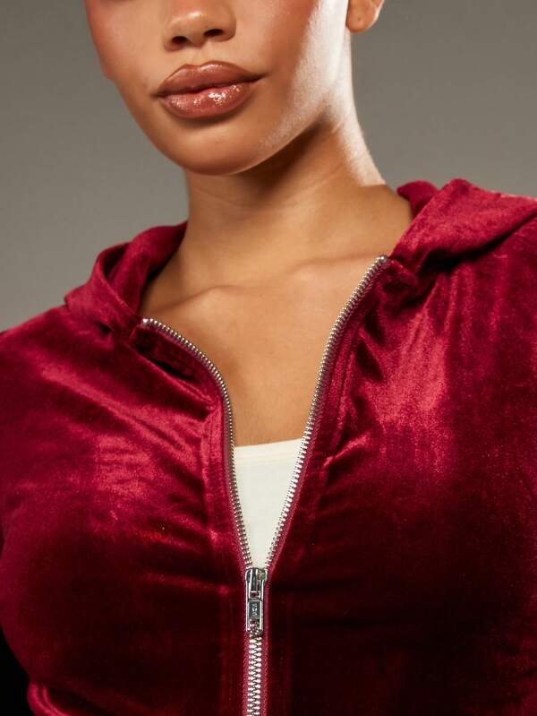 MISSGUIDED Velvet Zip Through Cropped Hoodie With Drawstring