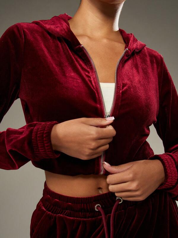 MISSGUIDED Velvet Zip Through Cropped Hoodie With Drawstring