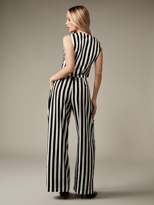 MISSGUIDED Vertical Striped Button Front Crop Top With Wide Palazzo Pants