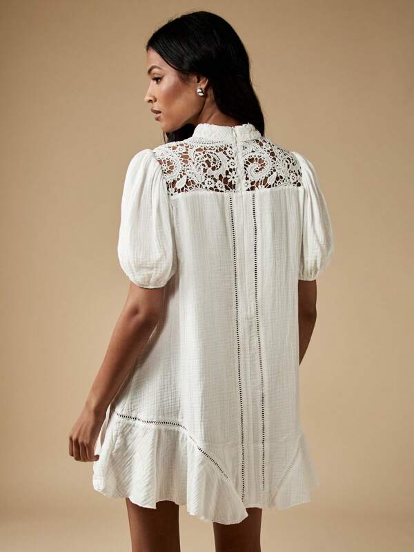 MISSGUIDED Victorian Inspired High Neck Crochet Lace Puff Sleeves Ruffle Hem Mini Dress