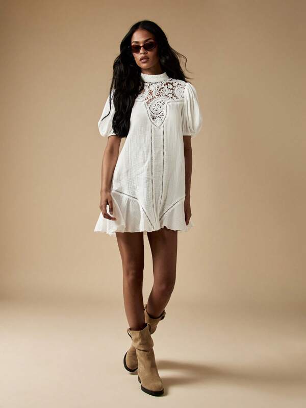 MISSGUIDED Victorian Inspired High Neck Crochet Lace Puff Sleeves Ruffle Hem Mini Dress