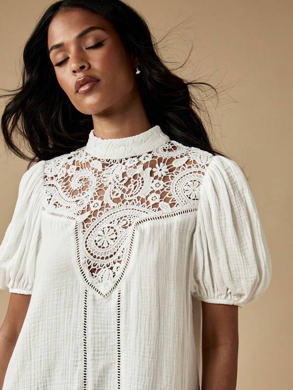 MISSGUIDED Victorian Inspired High Neck Crochet Lace Puff Sleeves Ruffle Hem Mini Dress