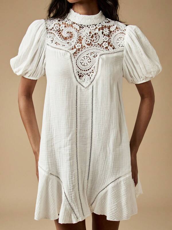 MISSGUIDED Victorian Inspired High Neck Crochet Lace Puff Sleeves Ruffle Hem Mini Dress